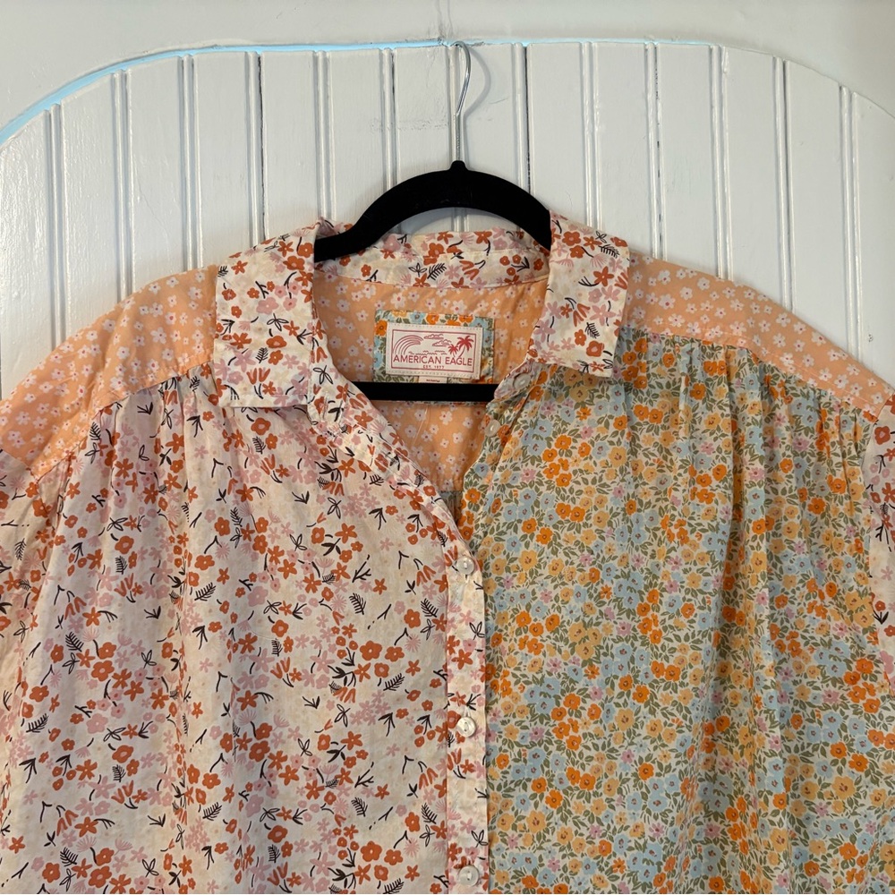 American Eagle Floral Patchwork Button Up Oversiz… - image 3